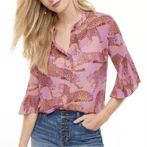 Cabi Chiffon Blouse Pink Minx Leopard Semi Sheer Flowy Medium